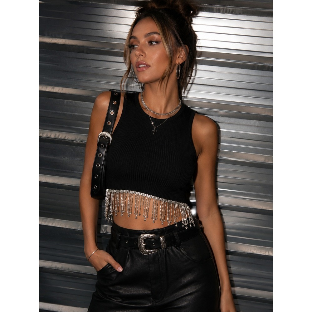 Whimsigoth Black Ribbed Rhinestone Fringe Crop Tank S/M Y2K Festival Club Rave